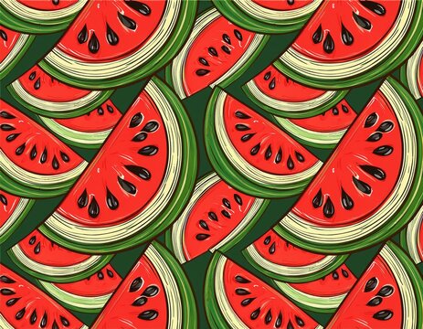 seamless pattern of juicy watermelon slices with red flesh black seeds and green rind perfect for summer designs food packaging textile prints party decor or refreshing fruit themed visuals