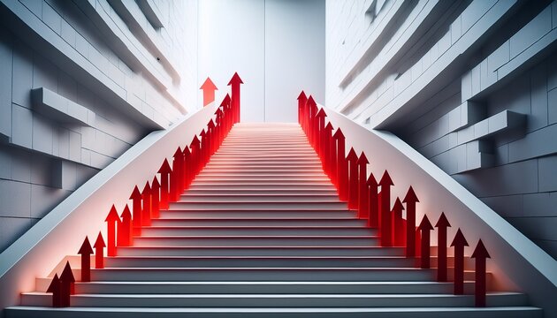 red arrows descend on white stairs symbolizing decline and negative trends