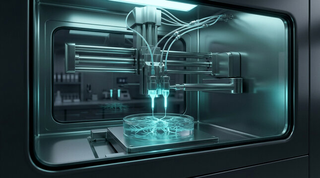 Automated bio-printing machine in sterile chamber extruding vascular scaffold with glowing bio-ink, regenerative medicine tissue engineering and organ transplant research tech