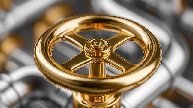 Golden steering wheel centered against a blurred metal background, showcasing luxury, speed, and a dynamic automotive concept