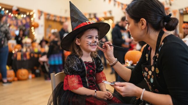 Girl in witch costume gets face painted at Halloween party event