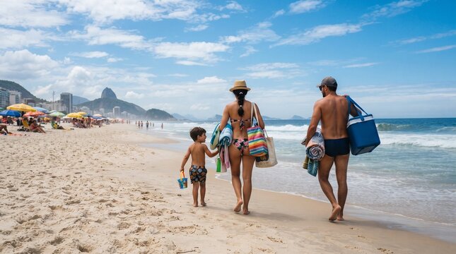 Family walks on a sunny beach with umbrellas and ocean waves