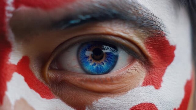 Extreme macro photorealistic footage of a fictional adult male football supporter's eye, deep cobalt blue iris with Japanese flag face paint