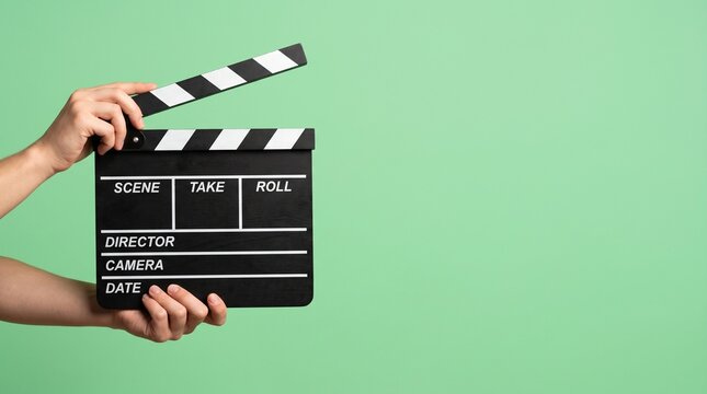 Professional Cinematography Movie Slate Held by Hands on a Plain Green Backdrop