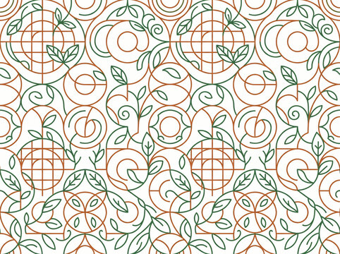 Seamless pattern with geometric circles and organic foliage line art elements.