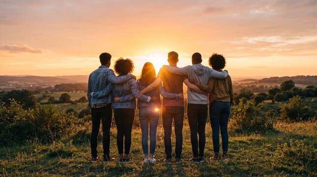 Diverse group of young friends hugging each other and watching the sunset from a hill