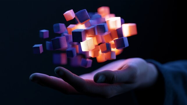 Luminous digital cubes float gently over a hand, representing abstract data visualization and futuristic technology concept