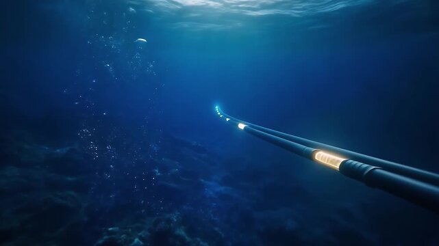 Underwater Exploration: A deep-sea submersible's lights cut through the dark ocean depths, illuminating the mysterious abyss as it explores the unknown.