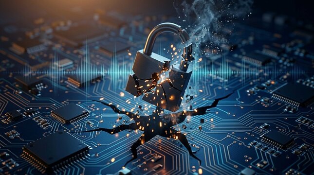 Glowing metallic padlock shatters on a cracked circuit board background, symbolizing data breach and severe cyber security vulnerability