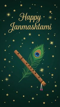 Happy Janmashtami festival greeting with flute and peacock feather motion graphic, ai generated