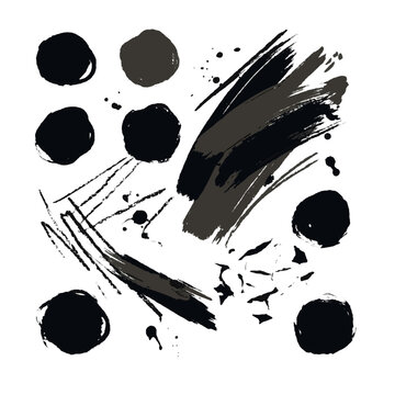 Collection of bold black ink brush strokes and circular paint splatters on a white background