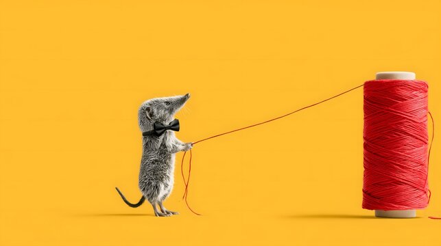 Cute baby shrew wearing a bow tie pulling a red thread from a spool on a yellow background, smart and stylish