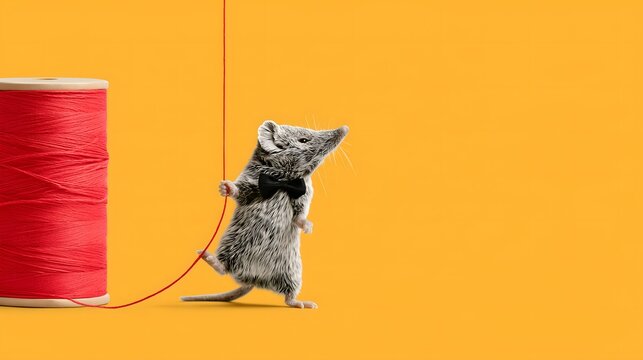 Cute baby shrew wearing a bow tie holding a red thread from a spool on a yellow background, smart and stylish