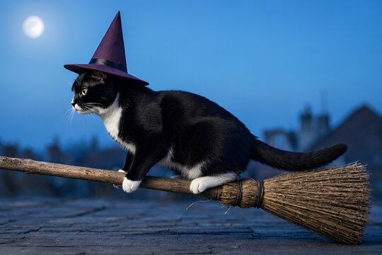 Black and White Bicolor Salem Kitty Cat Wearing a Small Purple Witch Hat Costume & Riding Horizontally Magic Small Broomstick Against Blue Background. Ancient Urban Legend, Full Moon.  Happy Halloween