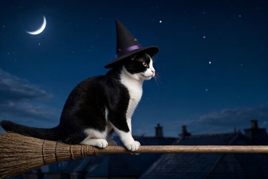 Black and White Bicolor Salem Kitty Cat Wearing a Small Purple Witch Hat Costume & Riding Horizontally Magic Small Broomstick Against Blue Background. Ancient Urban Legend, Full Moon.  Happy Halloween
