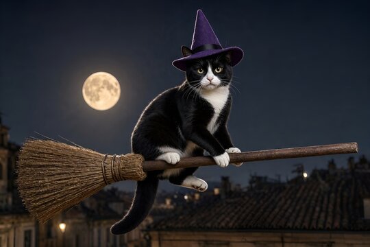 Black and White Bicolor Salem Kitty Cat Wearing a Small Purple Witch Hat Costume & Riding Horizontally Magic Small Broomstick Against Blue Background. Ancient Urban Legend, Full Moon. Happy Halloween
