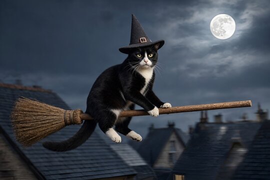 Black and White Bicolor Salem Kitty Cat Wearing a Small Purple Witch Hat Costume & Riding Horizontally Magic Small Broomstick Against Blue Background. Ancient Urban Legend, Full Moon.  Happy Halloween