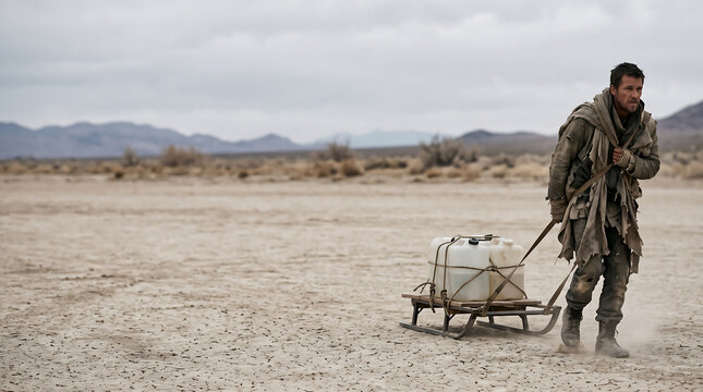 Man struggling through arid desert landscape pulling a sled with essential supplies