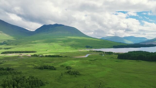 Loch Tulla and Beinn Dorain from a drone, Glen Coe, Highlands, Scotland, United Kingdom