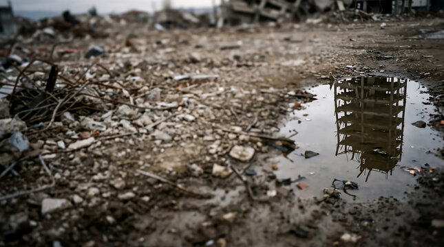 Reflective Puddle Amidst The Debris Of A Destroyed Building In A War Torn Urban Landscape Showing The Aftermath Of Catastrophic Structural Damage