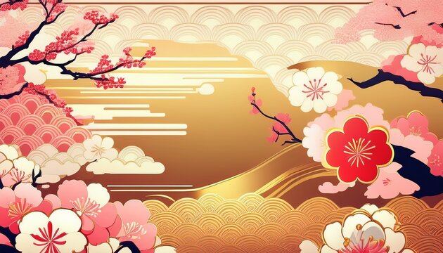 japanese art background with cherry blossoms and gold brush stroke
