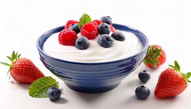bowl of greek yogurt and fresh berries isolated on white background