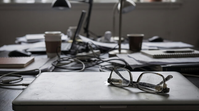 A cluttered office workspace with a closed laptop, eyeglasses, and coffee cups, symbolizing hard work and professional stress