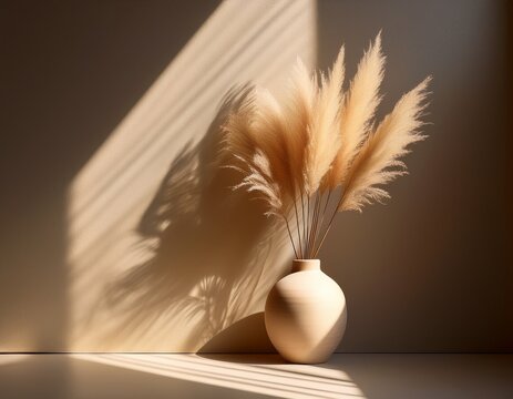 minimalist vase with pampas grass in warm sunlight shadows