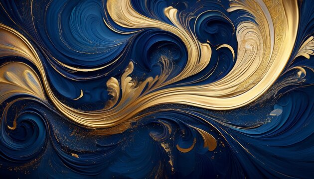 dark blue and gold abstract design with swirls and patterns created using paint or digital art techniques
