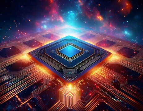 central processor chip with galaxy nebula background