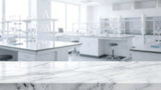 Clean marble tabletop in a modern white laboratory interior.