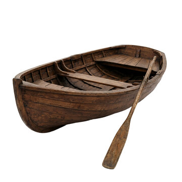 Traditional Vintage Brown Wooden Rowboat with a Single Oar Isolated on White Background