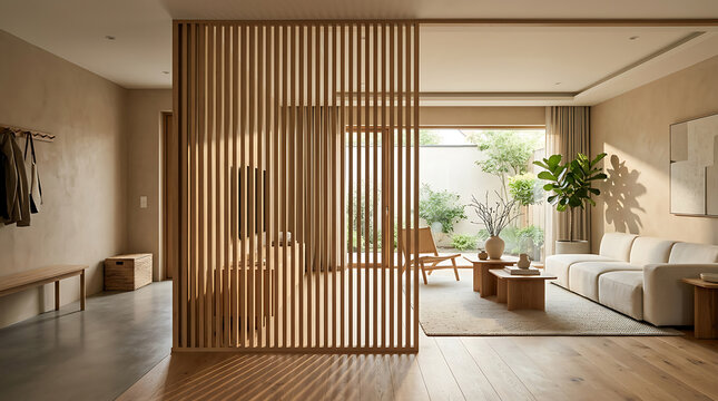 Modern vertical wooden slat indoor partition in minimalist room