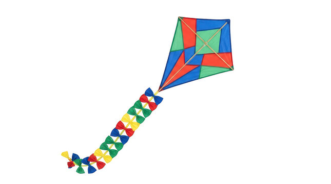 Colorful diamond kite with long tail flying against a plain backdrop isolated on transparent background