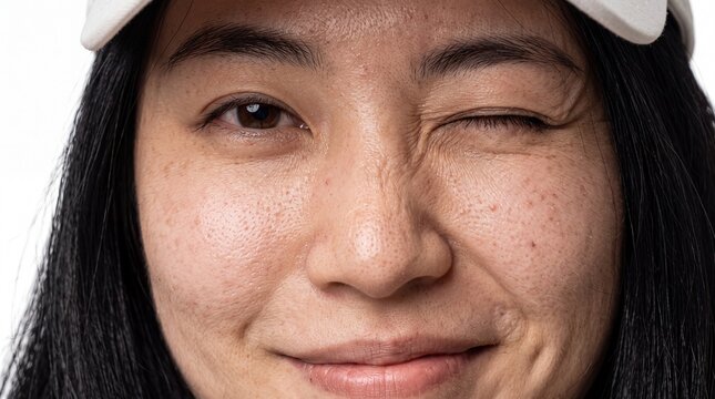 Close up of a young Asian woman winking with a playful expression and a white headband on her head
