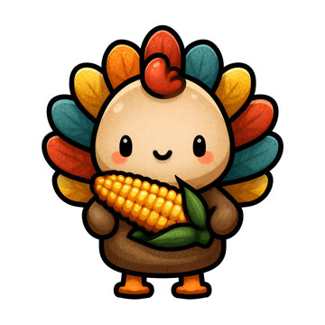 Cute cartoon turkey character holding a corn cob with colorful feathers