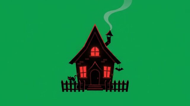 Minimalist spooky haunted house vector graphic with glowing red windows and dark silhouette design on a vibrant green solid background for festive digital media
