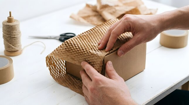 Close up of male hands wrapping a cardboard box with eco-friendly honeycomb paper for shipping. Small business owner preparing package for delivery on a white table with twine and tape tools.