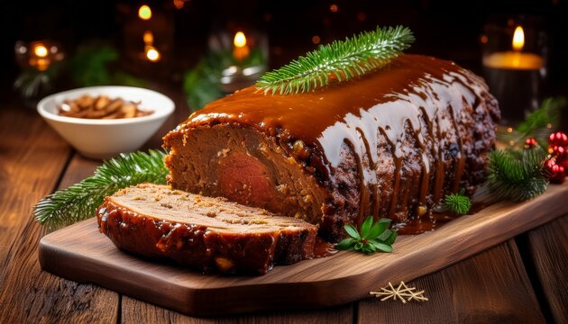 aromatic meatloaf with rich glaze served on a rustic wooden table