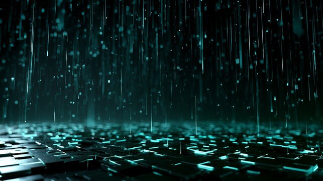 Glistening cyan digital rain cascades down a dark surface, representing data flow and futuristic technological abstract concept