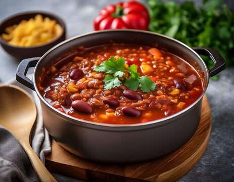 spicy texas chili meat soup simmering in a pot with fresh ingredients