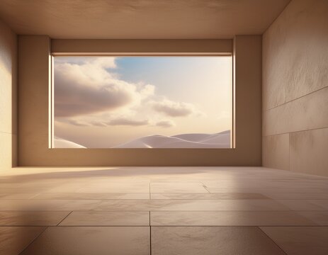 spacious empty interior in warm beige tones with blank wall low stone platform and large window revealing cloudy sky view 3d rendering