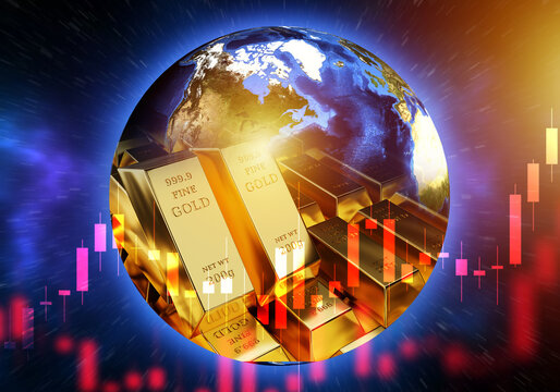Gold investment, global precious metals market shows gold bars with Earth and trading charts, illustrating rising gold prices and financial volatility.