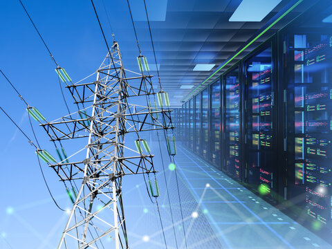 Data center energy supply, high-voltage power grid provides electricity for server infrastructure, cloud computing and digital data processing.