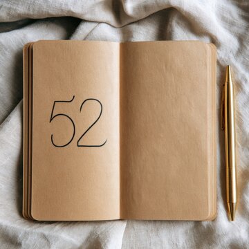 A weekly planner page shows number 52 with a gold pen beside. The warm paper texture invites attention to planning activities for the year.