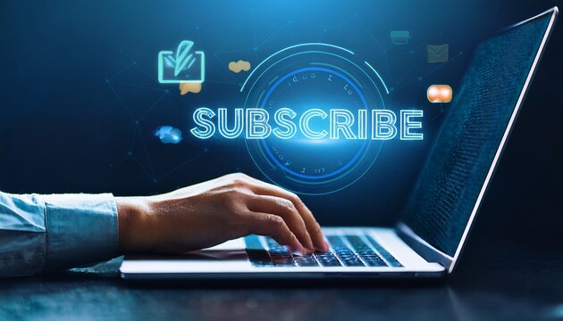 online subscription concept with hand pressing a glowing subscribe button on a laptop dark blue background and confirmation symbol
