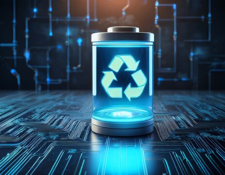 transparent glass battery with glowing blue charge on concrete table with recycling symbol and circuit board showing energy storage 3d rendering
