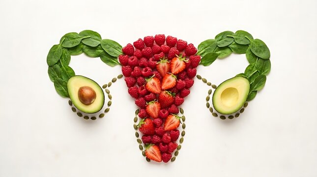Female reproductive system conceptual art made from fresh raspberries avocado spinach and strawberries for fertility diet