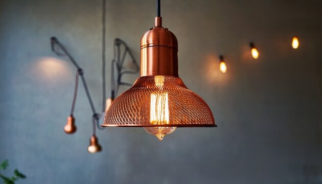 copper pendant lamp with glowing bulb indoors