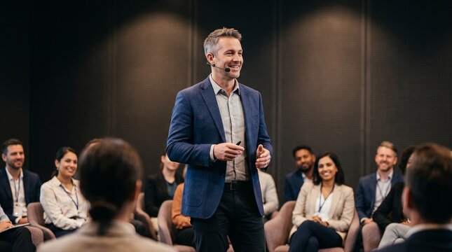 Confident Male Speaker Engaging Audience at Business Conference Presentation